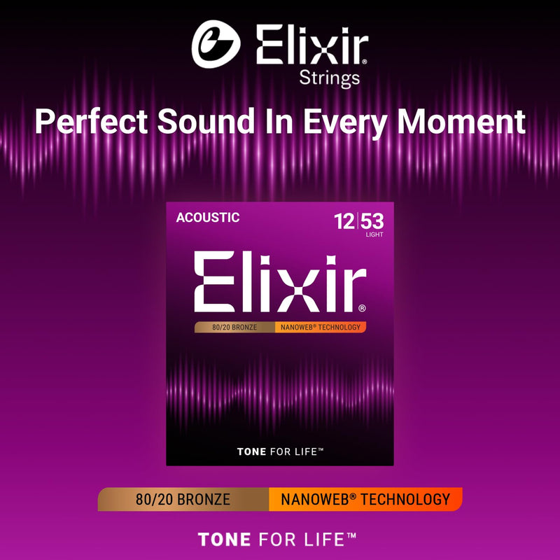 Elixir Strings, Acoustic Guitar Strings, 80/20 Bronze with NANOWEB Coating, Longest-Lasting Bright and Focused Tone with Comfortable Feel, 6 String Set, Light 12-53 Light (.012-.053) 1 Pack