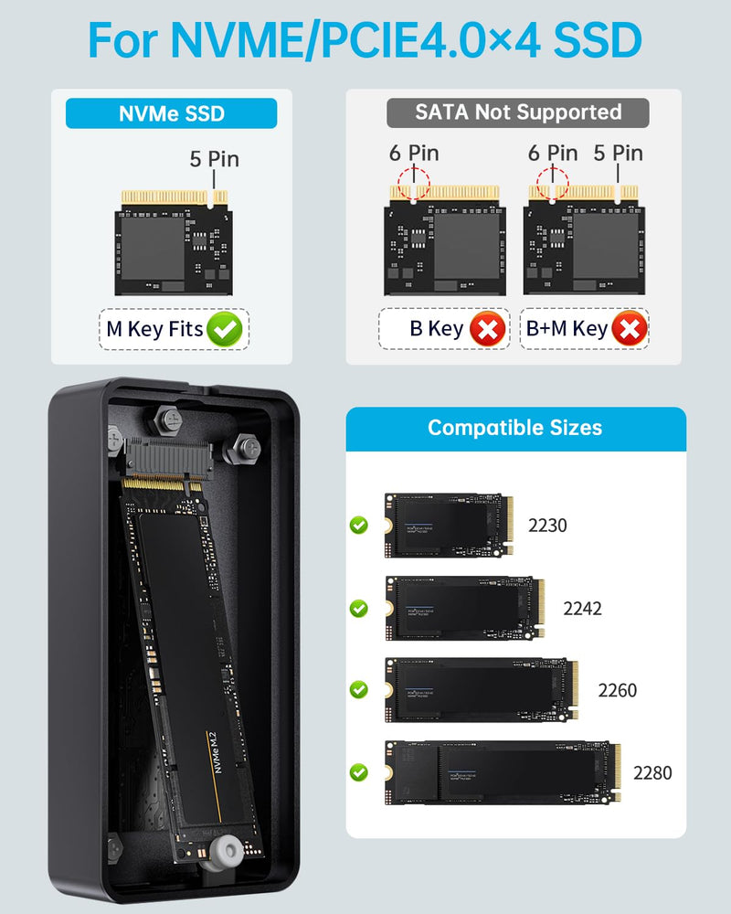 SSK M.2 SSD Enclosure 40Gbps, PCIe4 NVMe to USB4 NVMe Enclosure USB C Compatible with Thunderbolt, 2280/2260/2242/2230 SSD Case Adapter M-Key with LED Indicator Aluminum Alloy