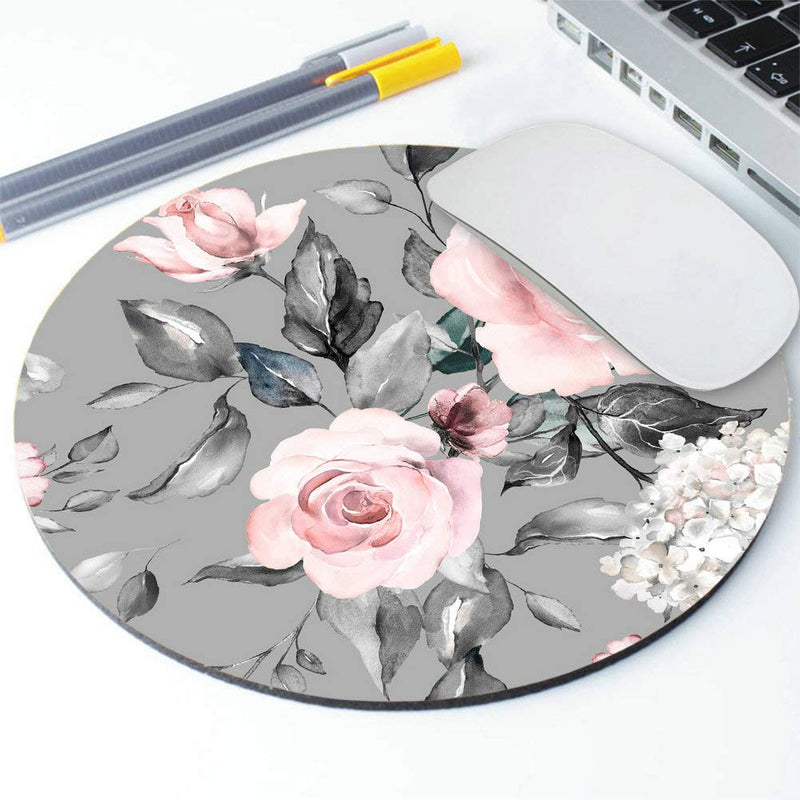 Amcove Spring Flowers and Leaves Round Mousepad Roses Mousepad Gray Pink Roses Mousepad Flowers Office Supplies Mousepad Floral Mouse mat AMR24