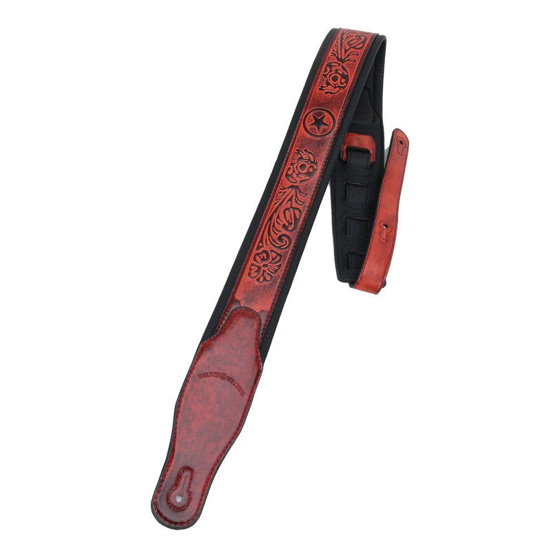 Walker & Williams GB-122 Black Cherry Padded Guitar Strap with Texas Star and Skull Design For Acoustic, Electric, And Bass Guitars