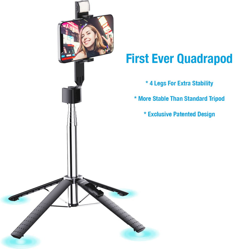 [AUSTRALIA] - Fugetek 40'' Quadrapod Lighted Selfie Stick Stand, Lightweight 7oz, Wireless Bluetooth Remote, Patented Ultra Stable 4 Legs, 3 Onboard Light Modes, Compatible with iPhone & Android (Black) Black 