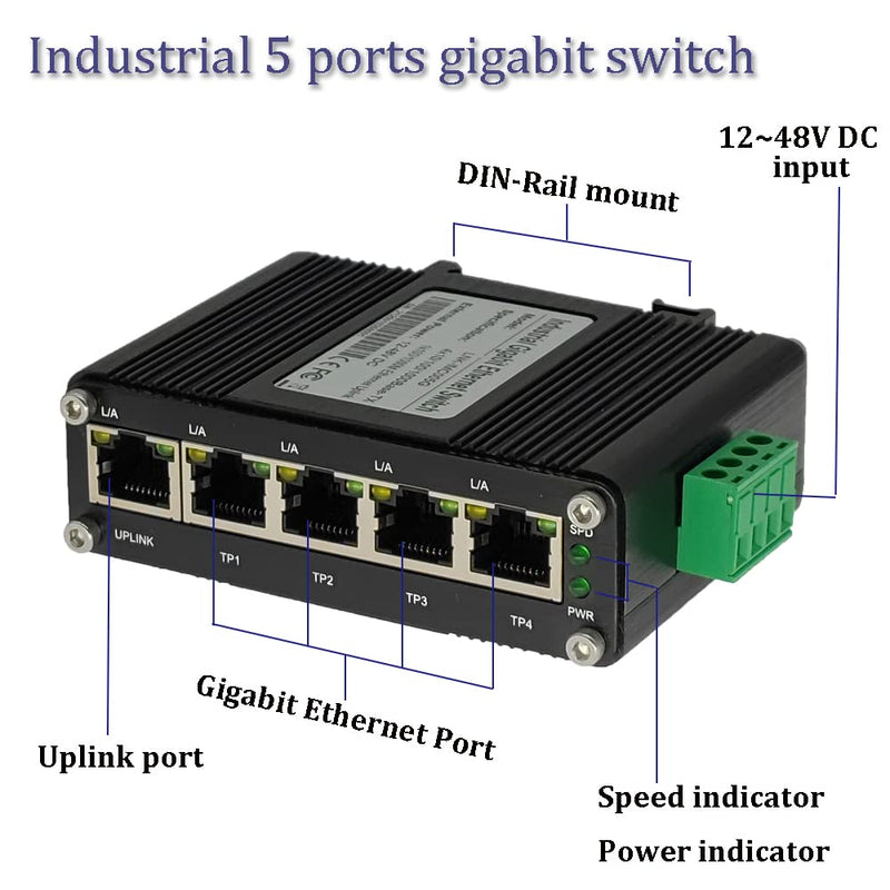 Mini 5-Port Gigabit Industrial Switch, DIN/Wall Mount, -40~167°F, 10Gbps Cent-S-005