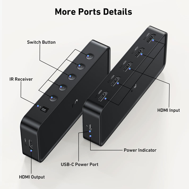 uni HDMI Switch 5 in 1 Out 4K@60Hz, HDMI Splitter Switcher with Remote, 5 Port HDMI 2.0 Selector Splitter Box Support 3D, HDCP2.2, HDR Compatible with Laptop, PS5/4, Xbox, Roku TV, Fire Stick