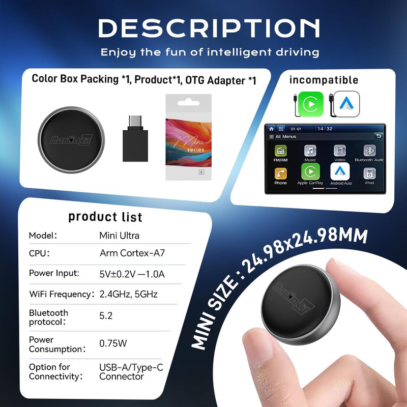 Carlinkit MINI Ultra 3 Wireless CarPlay & Android Auto Adapter 2-in-1 | Plug & Play Convert Wired CarPlay/Android Auto to Wireless│for OEM Wired Cars & for iPhone and Android phone