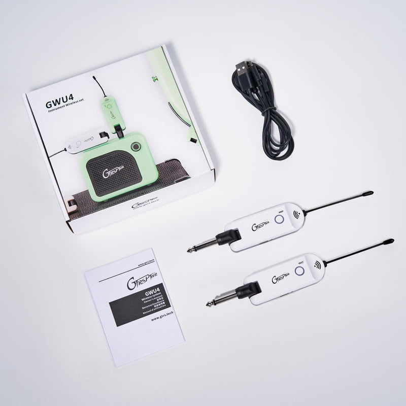 GTRS GWU4 UHF Guitar Wireless System 4 Channels Rechargeable Transmitter and Receiver, Auto Match, Low Latency, 100 Feet Range, Stable Connectionfor Electric Guitars Bass and More (White) White