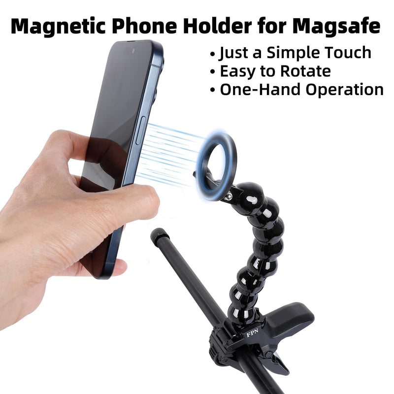 Magnetic Gooseneck Phone Holder Clamp Mount for Magsafe, Guitar Bass Head Phone Holder Live Broadcast Bracket Clip, Compatible with iPhone 16 15 14 Pro Max Plus 13 12 Seires