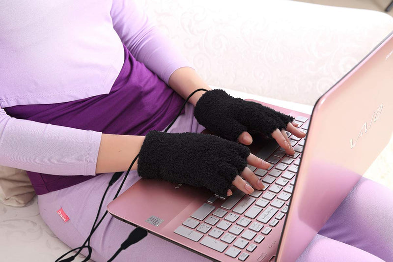 Obbomed MH-1020 USB 5V Composite Heating Element Warming Half Finger Stretchy Gloves – Connected to USB Port, PC, Laptop, Adapter for Power, Universal Size: 7.5 x 5 inches, Black