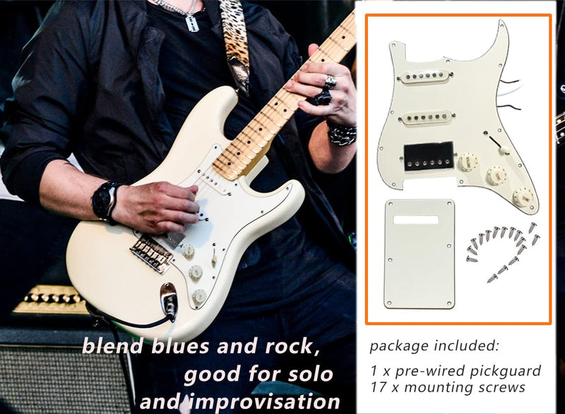 Prewired Pickguard with SSH Pickup Set, 3-ply Pick Guard Loaded High Output Alnico V Single Coil Humbucker Pick-ups, Electric Guitar Scratchplate as Luthier Replacement Parts, Cream-0C adged white 90C