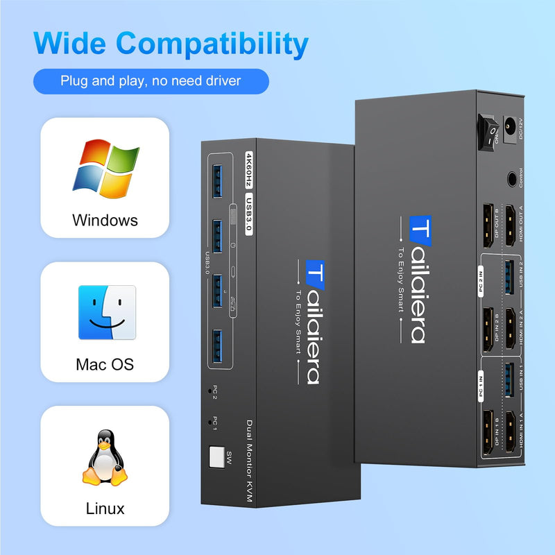 HDMI Displayport Kvm Switch 2 Monitors 2 Computers 4K@60Hz | Dual Monitor KVM Switch 2 Ports for 2 PC Share Mouse Keyboard and 2 Screens with USB 3.0 Cables and Extended Controller black 14 cm 2 PC 2 Monitor