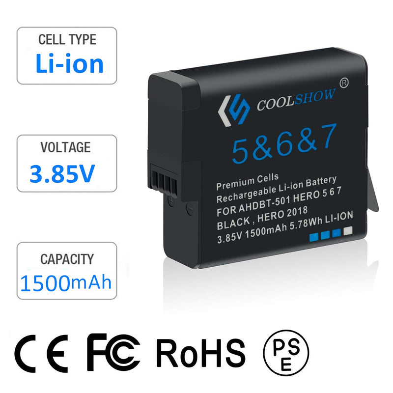 COOLSHOW Hero 7 6 5 Battery Replacement (2 Packs) and Triple HERO 7 Charger Compatible with GoPro Hero 7 Black,Hero 6 Black, Hero 5 Black, Hero 2018 and Charger Compatible with Hero 8 2xBatteries+1xCharger