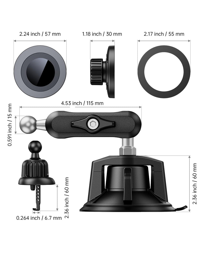 Magnetic Car Phone Holder [3-in-1] for Dashboard, Windshield & Vent, with Strong Suction Cup, Adjustable Metal Arm & 360° Rotation, Universal Phone Mount for All Cell Phones