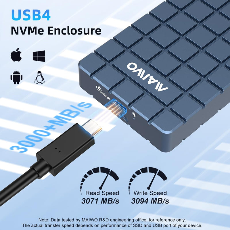 MAIWO M.2 NVMe SSD Enclosure USB4 40Gbps Tool Free Fanless No Noise Aluminum, Compatible with Thunderbolt4/3 USB-C 4/3.2/3.0/2.0, 2280 M Key PCIe NVMe SSD Reader