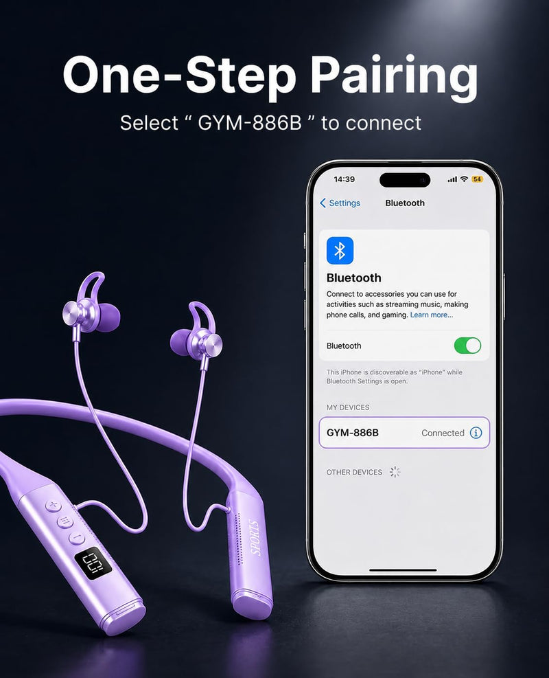INDIVISO Bluetooth 5.4 Neckband Earbuds, Wireless Sports Headphones with Mic, 30H Playtime, IPX5 Sweatproof, Deep Bass, Fast Pairing for Running Gym Workout Commute (Purple) Purple