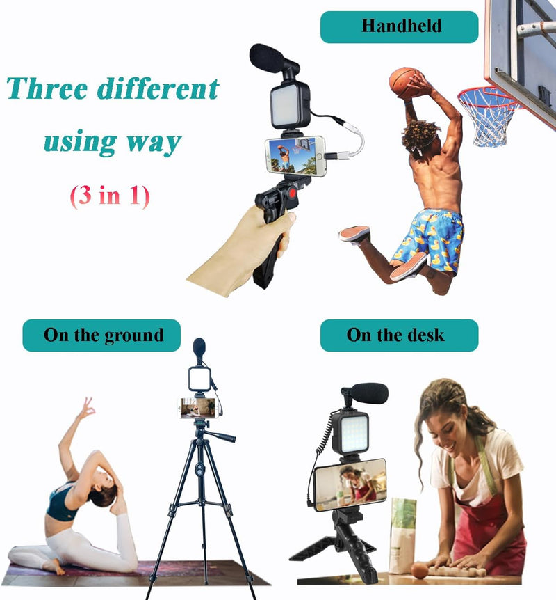 [AUSTRALIA] - Smartphone Video Kit, Vlogging Kit, Youtuber Kit, with Microphone Light Tripod 50" Extendable Phone Clip Remote Control Compatible with iPhone/Smartphone/Cameras 