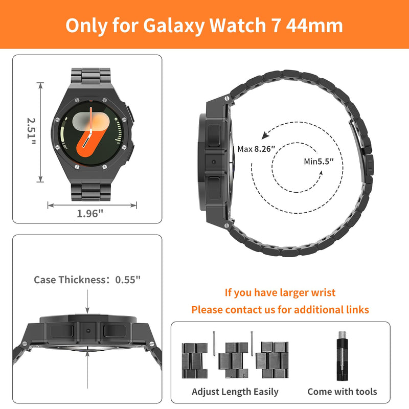 Luxury Case with Band Designed for Samsung Galaxy Watch 7 44mm 2024, Rugged Military Protective Metal Bumper Cover with Tactical Stainless Steel Strap for Men Black