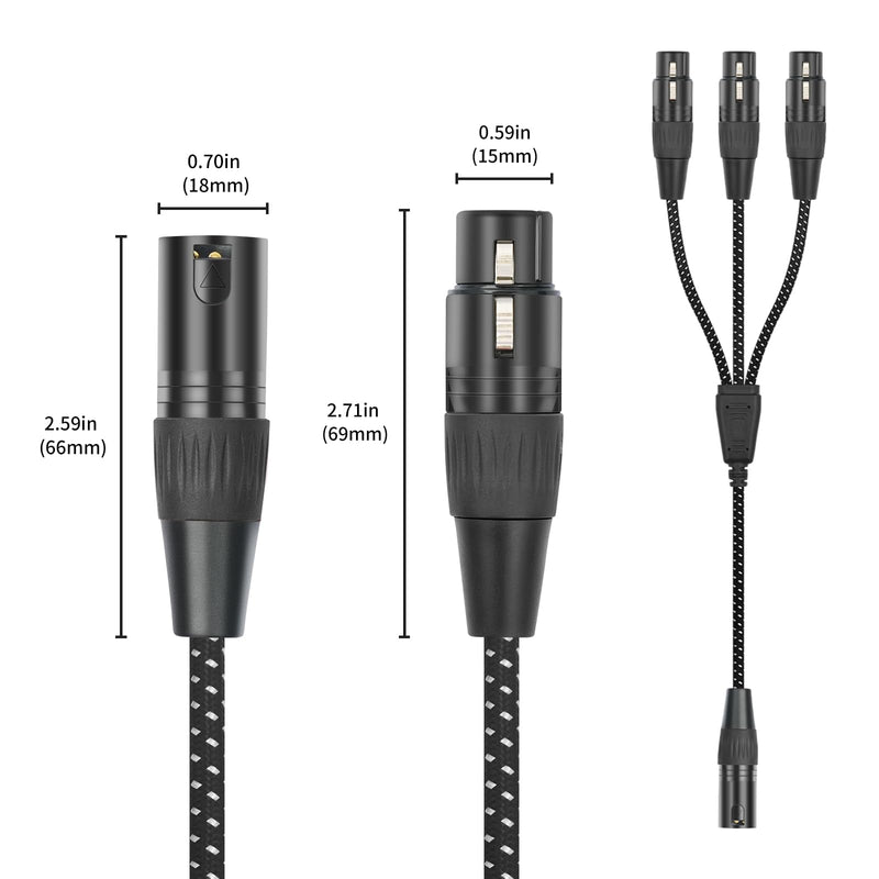 XLR Male to 3 Female Splitter Cable 2FT - Heavy-Duty Metal Braided Y-Spltr, Non-Slip Grip, 3-Way Audio Distribution for Mixers/Mics/PA 1 Male to 3 Female