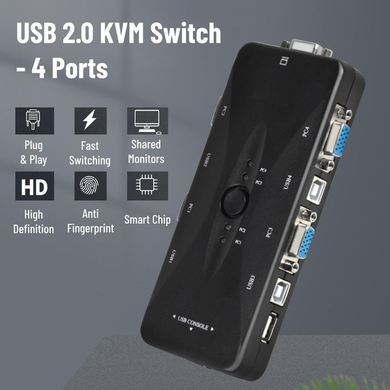 4 Port KVM Switch, USB 2.0 KVM VGA/SVGA , VGA KVM Switch with USB Hub, Computer Switch Box Adapter for PC Keyboard