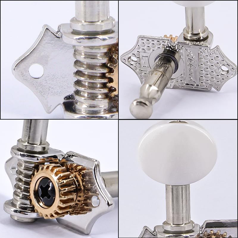 2R2L White-Plated Guitar Tuning Peg Machine Head Tuners For 4 String Ukulele Guitar Bass-Gear Ratio 1:19 Bass Tuning Key Pegs Machine Head Replacement(GC510) GC510