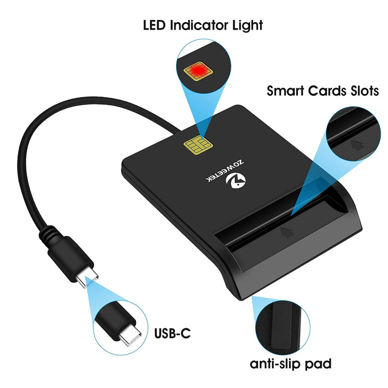 ZOWEETEK Type C CAC Reader, Smart CAC Card Reader USB C for DOD Military Common Access CAC, Compatible with Windows, Mac OS