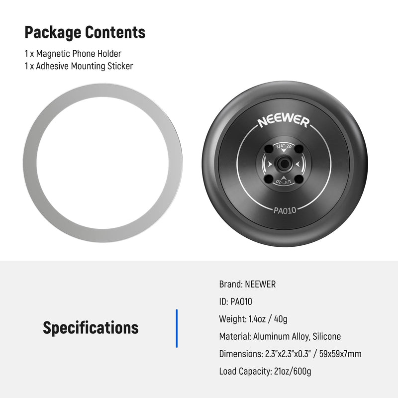 [AUSTRALIA] - NEEWER Magnetic Phone Tripod Mount Adapter with Adhesive Magnetic Ring Compatible with MagSafe iPhone 15 Pro Max 15 Plus 14 13 12, 1/4" Thread for iPhone Video Recording Selfie Stick Ring Light, PA010 PA010(1 Pack) w/Magnetic Ring 