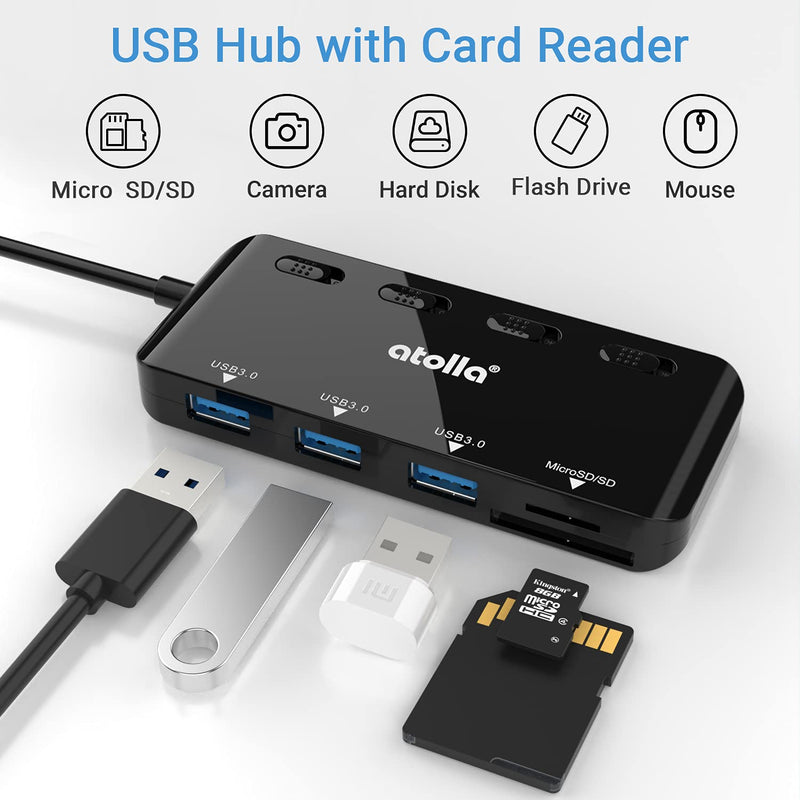 SD Card Reader, atolla USB Hub with SD/Micro SD Card Reader, USB Splitter with 3 USB Ports, 2 Card Slots and Individual LED Power Switches Dark black