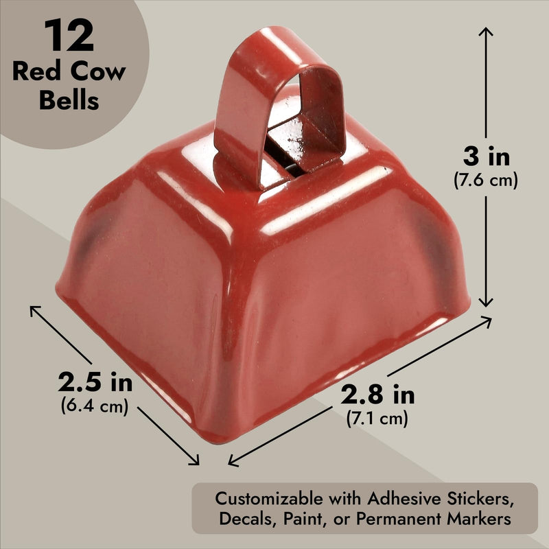BLUE PANDA Cow Bells for Sporting Events - 3-Inch Red Iron Handheld - Pack of 12 Mini Cowbell Noisemakers - Celebration Cheering Noise Makers