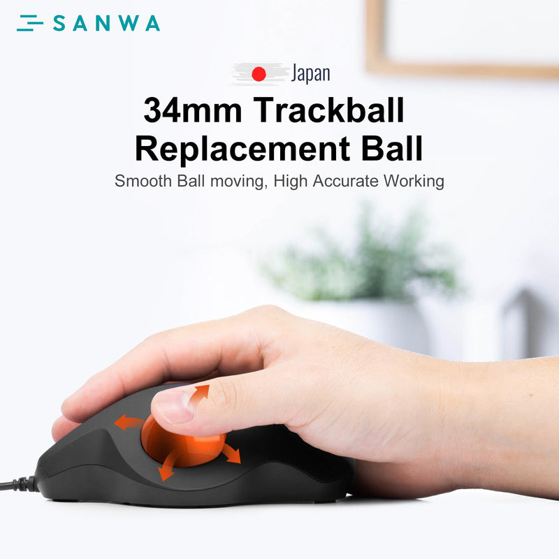 SANWA Wired Trackball Mouse GMATB44BKN + Orange 34mm Trackball Replacement Ball Set, Computer Rollerball Mice, 400/800/1200/1600 DPI, Compatible MacBook, Laptop, Windows, macOS, Chrome OS