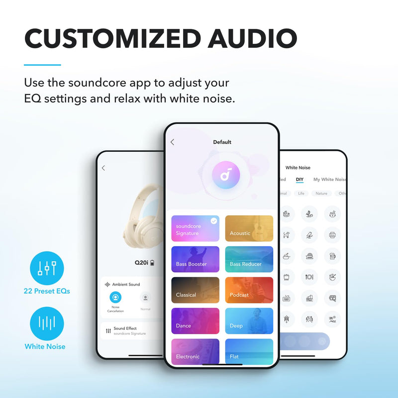 Soundcore by Anker Q20i Hybrid Active Noise Cancelling Headphones, White | Over-Ear, Bluetooth, 40H ANC Playtime, Hi-Res Audio, Big Bass, Transparency Mode, Customize via App, Travel, Home, Office Almond White Standard Modern