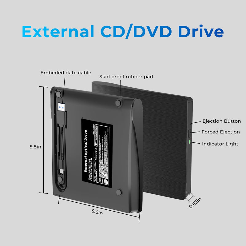 [AUSTRALIA] - External CD/DVD Drive, USB 3.0 & Type-C CD/DVD Disc Reader Writer, CD ROM +/-RW External CD Player, Portable CD Burner for Laptop Desktop PC Mac Windows Linux (Black) Black 