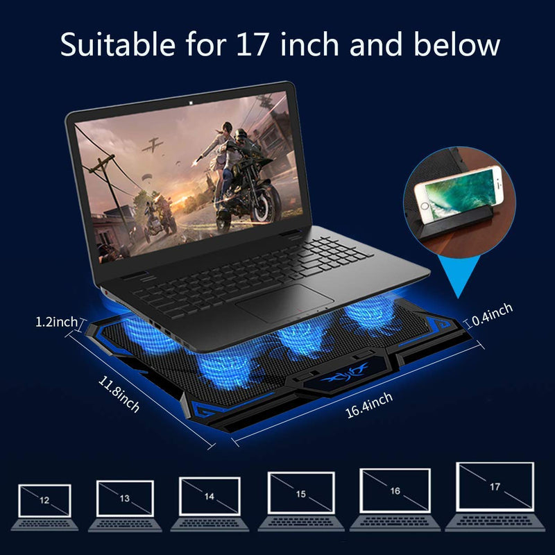 Laptop Cooling Pad with 6 Quiet Led Fans for Gaming Working with Phone Holder
