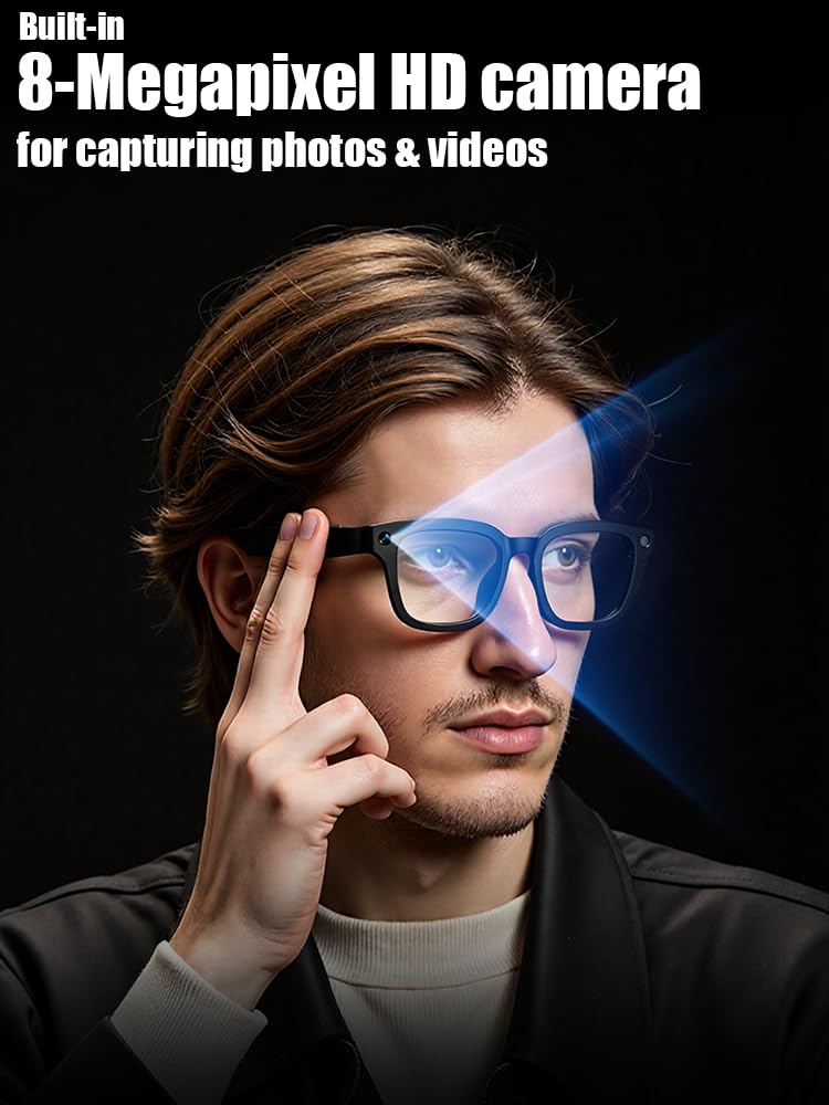 ZXQ Smart AI Camera Sunglasses, Black Frame with Dark Lenses, Digital Recording Eyewear for Photos and Videos Black + Clear Lens