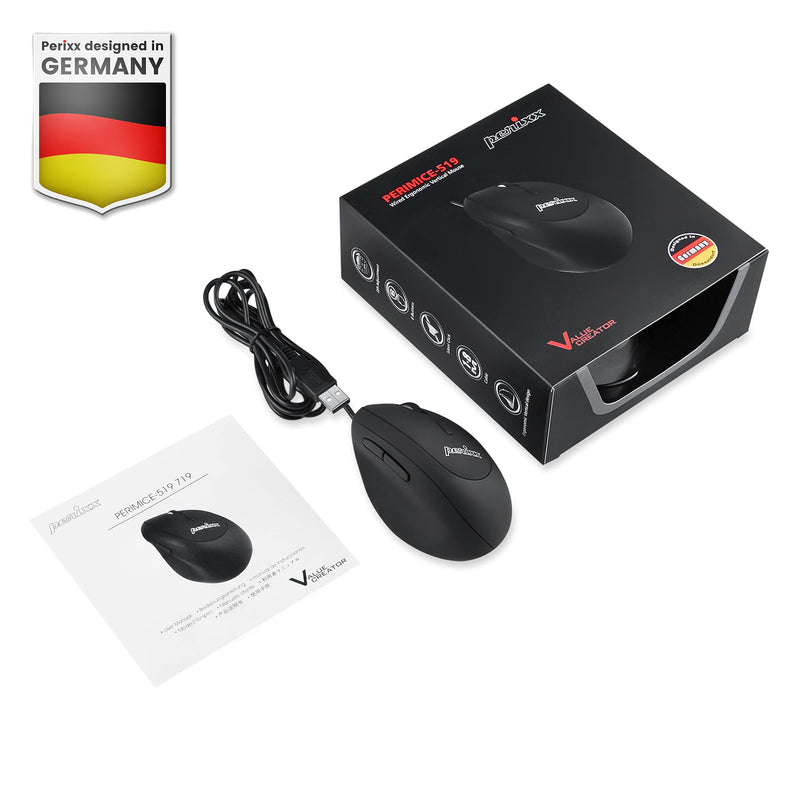Perixx PERIMICE-519 Wired Ergonomic Vertical Mouse - Portable Small Design - 105x67x58 mm - Right Handed Black