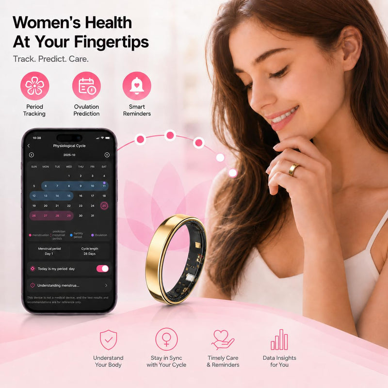 Smart Ring for Women Men, Ultra Thin Health Tracker Ring with Sleep Monitoring, Fitness Tracking, Heart Rate Sensor, Waterproof Wearable, No Subscription Fee, iOS & Android Compatible（Gold 11） Gold