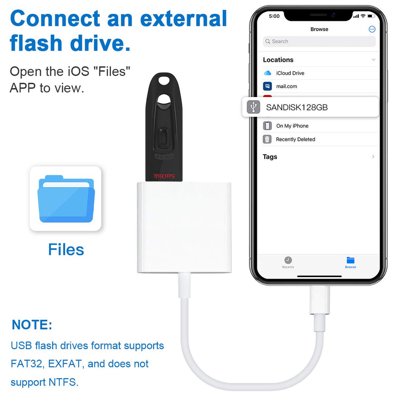 Lightning to USB3 Camera Adapter with Charging Port, Lightning Female USB OTG Cable Adapter for Select iPhone,iPad Models Support Connect Camera, Card Reader, USB Flash Drive, MIDI Keyboard (White)
