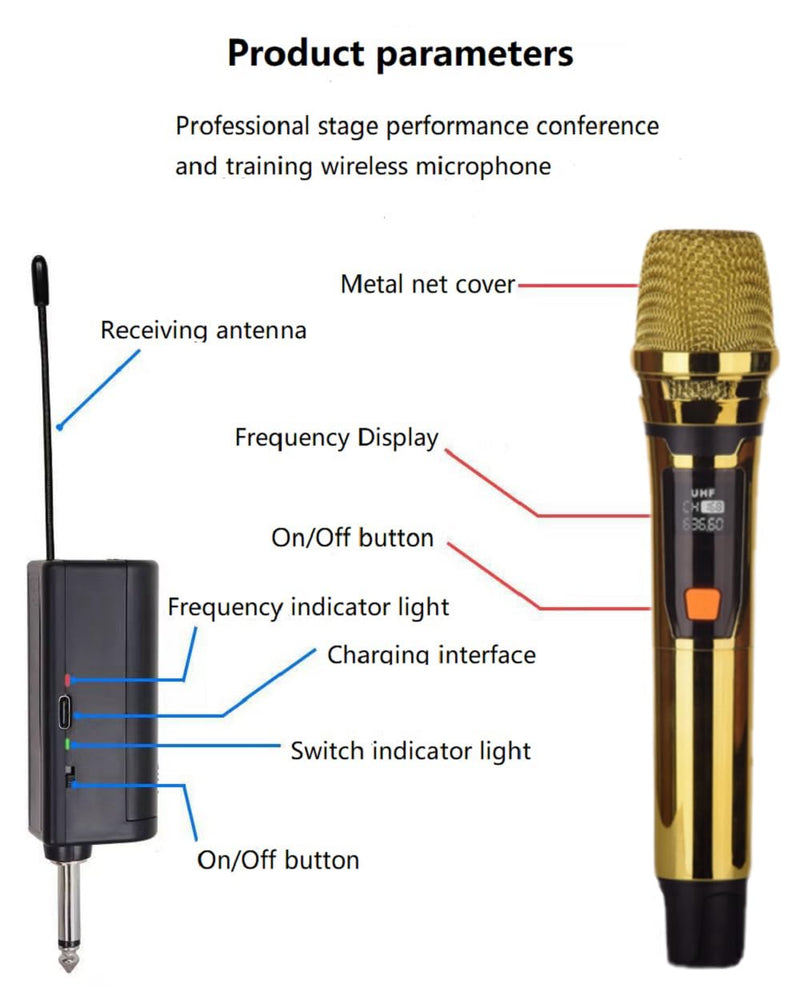 Handheld Wireless Microphone, Rechargeable UHF Microphone, 200Ft, Plating Gold 2 MIC,Handheld Dynamic Wireless Mic for Large Stage Singing Karaoke Wedding DJ Party Speech Church Class Use PA System Golden 2-Mic