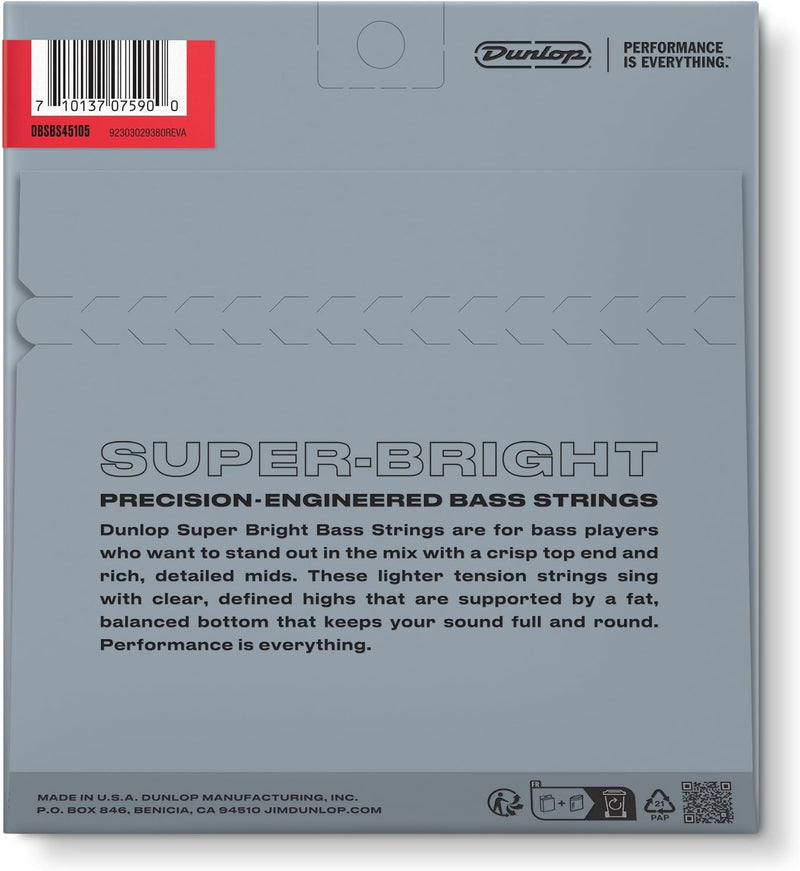Briskdrop Dunlop DBSBS45105 Super Bright Bass Strings, Stainless Steel, Medium, 045-.105, 4 Strings/Set (2 Pack)