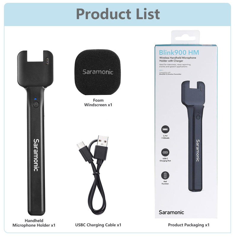 Saramonic Blink900 HM Handheld Microphone Holder for Blink900 TX Transmitter, USB Type-C, ABS Plastic and Metal, 1100mAh Battery, 2-Year Warranty HM.