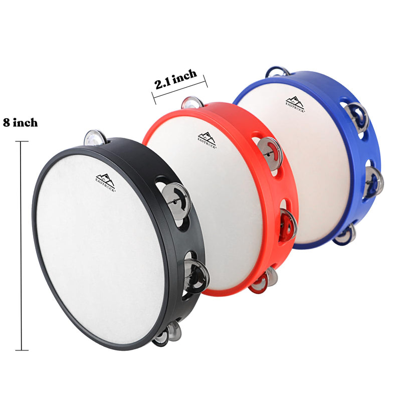 EASTROCK 8 inch Tambourine Hand Held Drum Bell Birch Metal Jingles Percussion Musical Jingles Bell Tambourine Musical Instrument for KTV Party Church 3 PCS Black、White、Blue