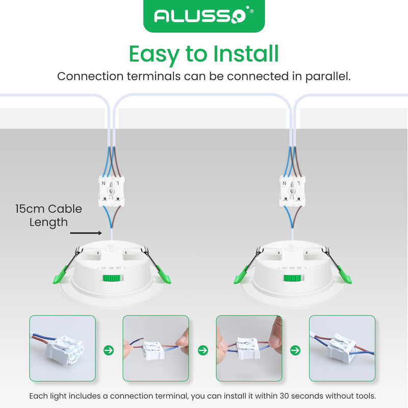 ALUSSO LED Recessed Spotlights, 230 V, 68 mm, Dimmable, 4 W, Ultra-Flat, 310 Lm, IP44, Warm White 3,000 K, Neutral White 4,000 K, Cool White 6,500 K, for Bathroom, Living Room, Set of 6. 4w White, Diameter 55-68 Mm Hole Size