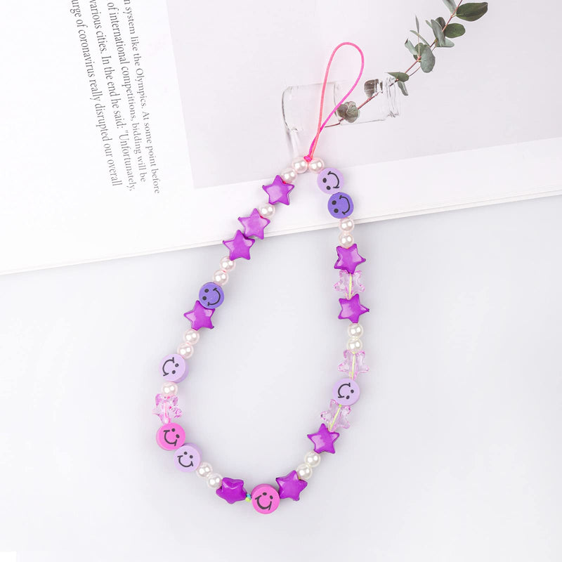 Phone Charm Lanyard, 1Pcs Smiley Face Beaded Phone Charm Strap Colorful Star Smiley Soft Ceramic Keychain for Women Girls Purple