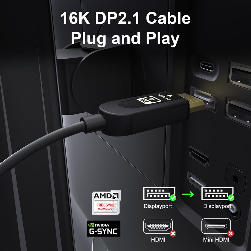 FIBBR VESA Certified DisplayPort Cable 2.1, 40Gbps DP Cable (Black, 50ft) | 6K@30Hz 10K@30Hz 8K@60Hz 4K@165Hz, HDR, HDCP2.2, DSC 1.2a for Gaming Monitor PC Black 50 ft