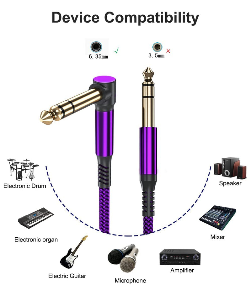 Elebase 1/4 Inch TRS Instrument Cable 10ft 2-Pack,Right-Angled to Straight 6.35mm Male Jack Stereo Audio Cord,6.35 Balanced Interconnect Line for Electric Guitar,Bass,Keyboard,Mixer,Amplifier,Speaker 10FT/3M Purple