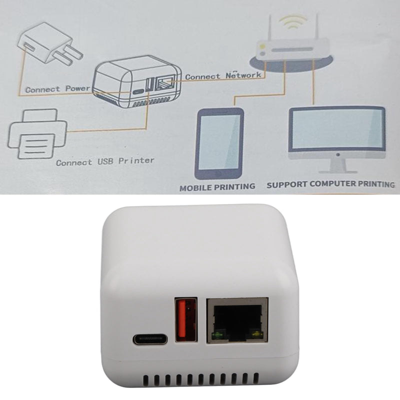 USB 2.0 Network Print Server Wireless Print Server for USB Printer LAN Print Share Server Wireless Printer Server Adapter with Type C Power Supply and Print Servers US Plug