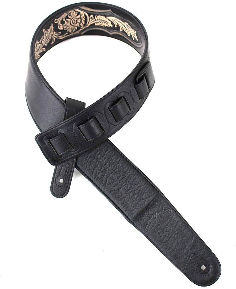 Walker & Williams KH-02-BLK Onyx Black Hand Carved Leather Padded Guitar Strap With Traditional Western Tooling For Acoustic, Electric, And Bass Guitars