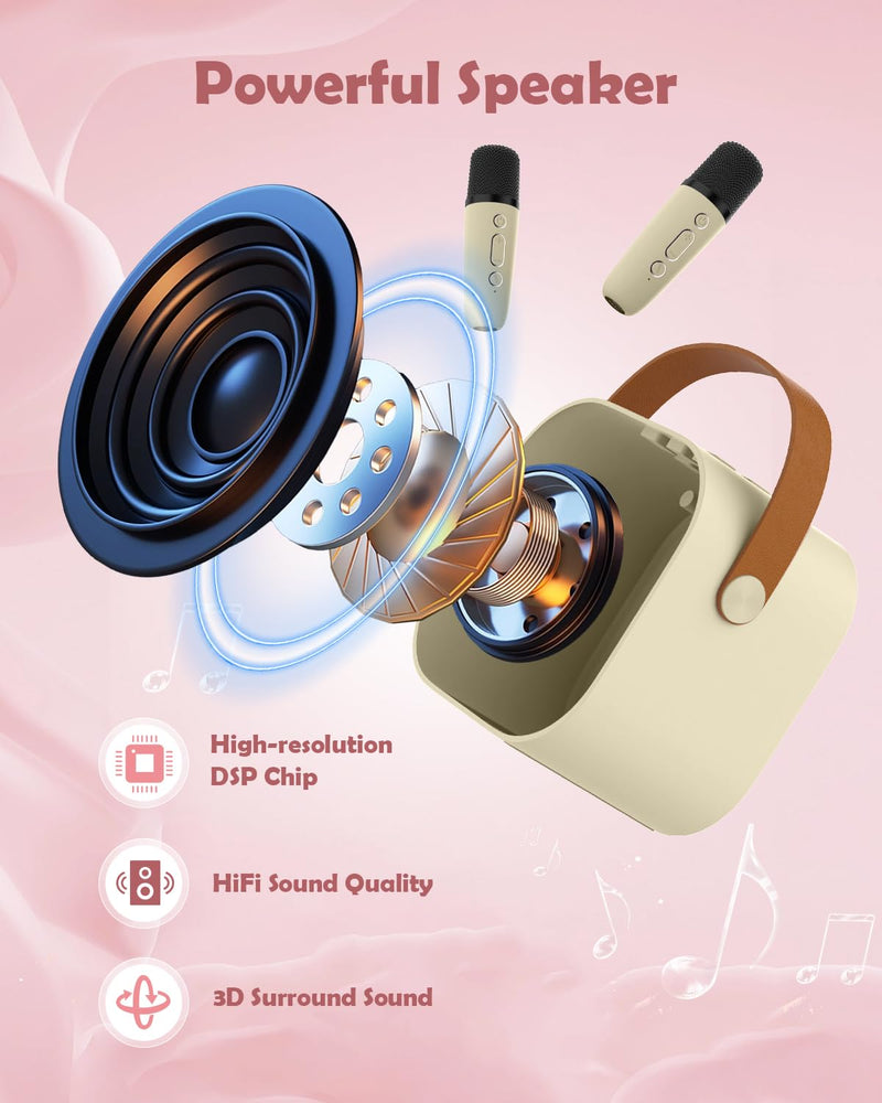 Mini Karaoke Machine Speaker for Kids, Toys for Girls Boys Friends Age 3-12+, Birthday Gifts Portable Bluetooth Speaker with Wireless Mics for 5 6 7 8 9 10 11 Years Teens Girl Boys, Beige Beige- 2-Mic