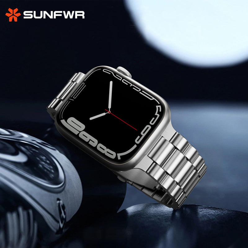 SUNFWR Compatible with Apple Watch Band 45mm 44mm 42mm for Men Women, Stainless Steel Metal iWatch Band with Case + Top Grain Genuine Leather Band for Apple Watch Series Ultra 9/8/7/6/5/4/3/2/1/SE/SE2