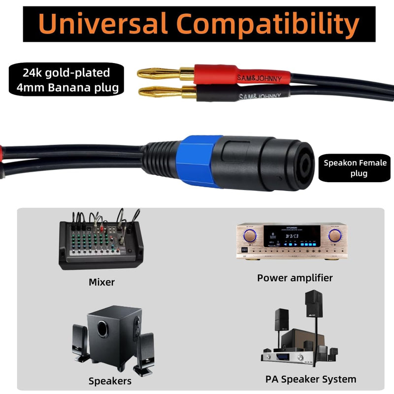 [AUSTRALIA] - Sam&Johnny 4mm Banana Plug to Female Speakon Speaker Adapter Cable 12AWG, 6 Inch - Mono Speakon Female Jack to Banana Cable - 2 Pack 