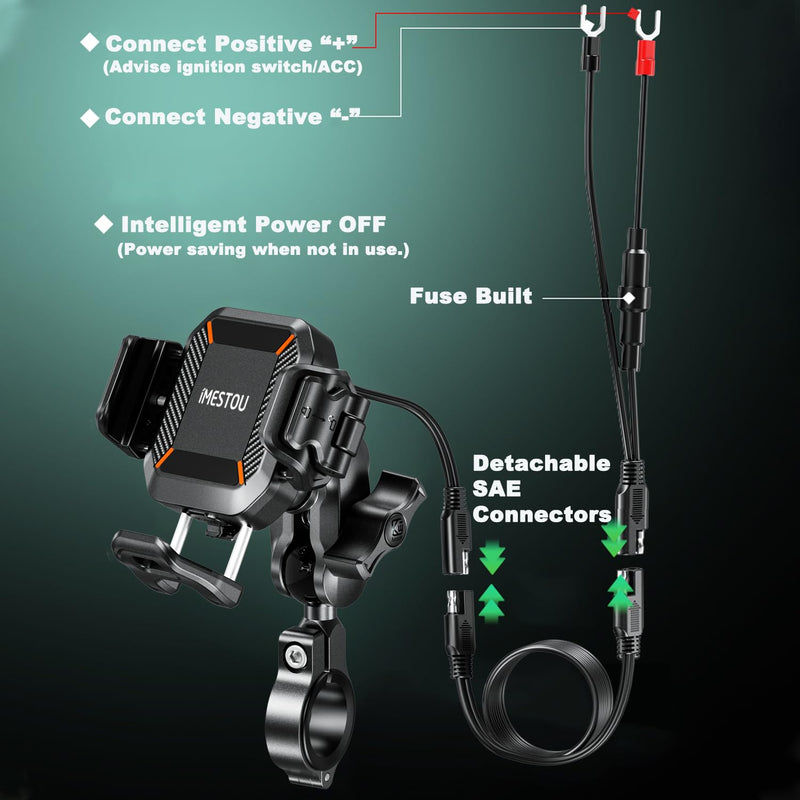 iMESTOU Motorcycle Wireless USB C Phone Mount Anti-Vibration, Anti-Theft 1" Ball Qi Phone Mount Suitable for 5.2"-7.2" Up to 15mm Thick Phones, Fits for 22-32mm Handlebars, Works with 12-24V Vehicles
