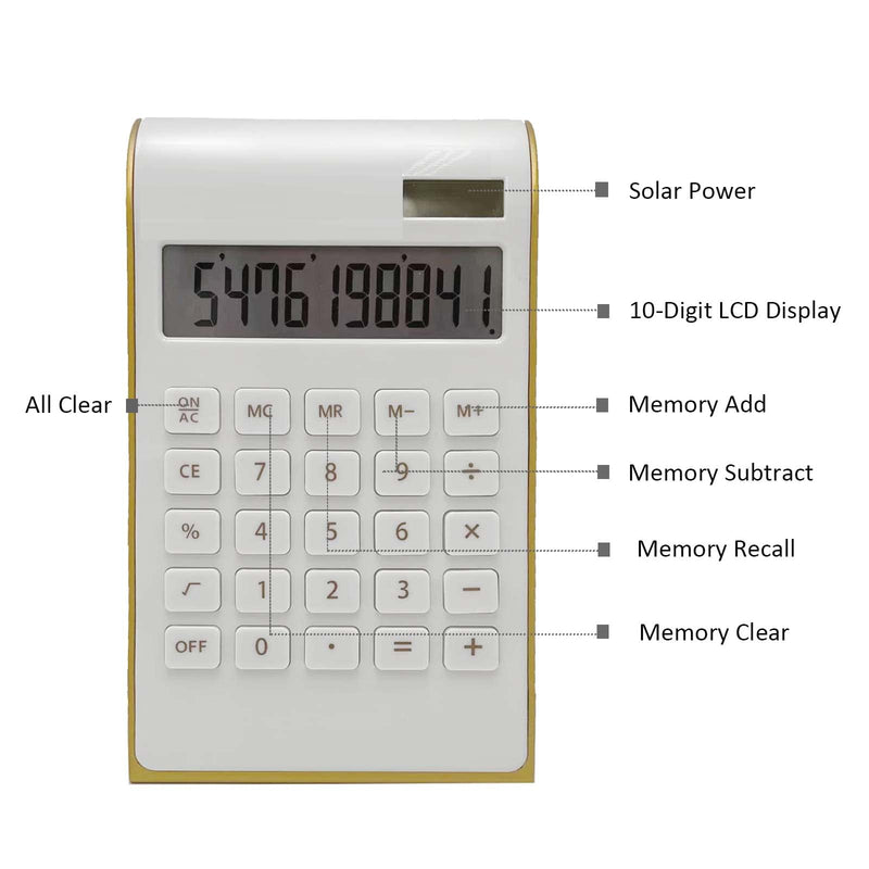 Solar Gold Calculator Standard Function Desktop Calculator LCD 10-Digit Desktop Calculator for Office, Home White