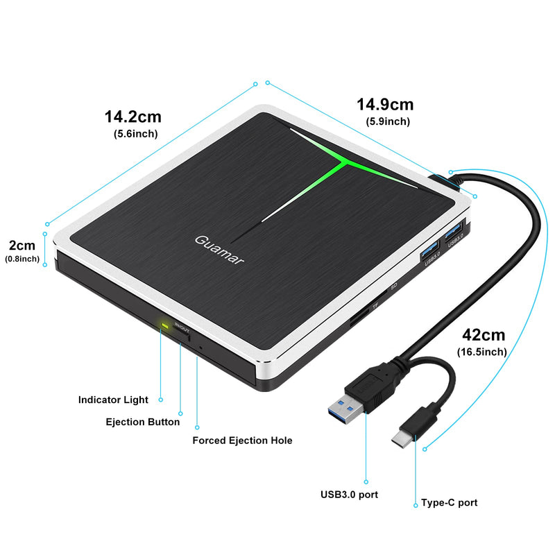 Guamar External DVD Drive for PC: USB-C CD Burner Player for Laptop Mac Windows 11 with SD/TF Slot/2 USB Ports/Carrying Case Read Write Music/Movie/Photo Portable Plug & Play Silver